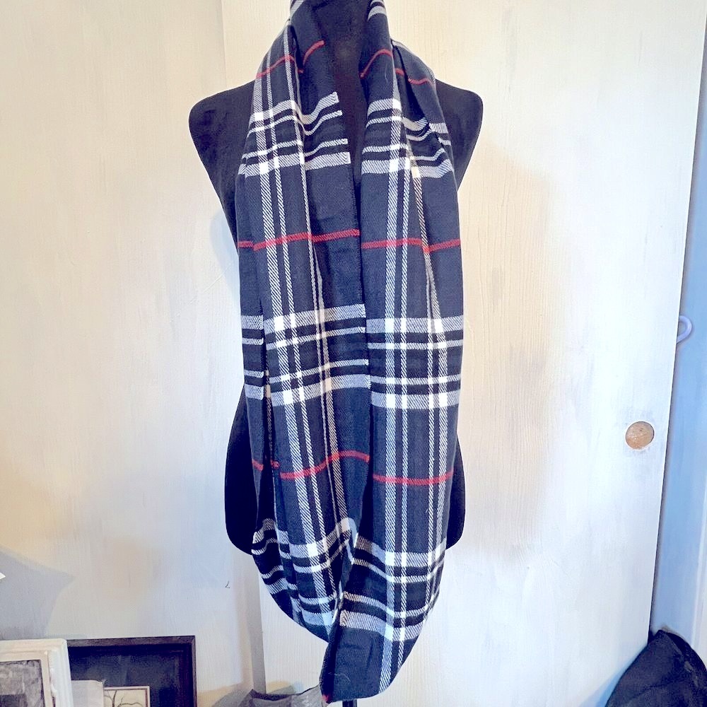 Navy Blue Plaid Infinity Scarf Cashmere Feel Acrylic Checkered Loop Scarf Womens